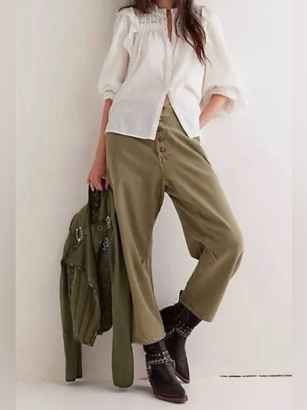 Free People We The Free Osaka Mid Rise Barrel Jeans Olive Green 26